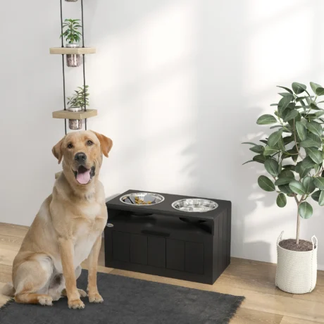 Raised Double Dog Feeding Station with Drawer &ndash; Black, 2L Bowls &ndash; detail 2