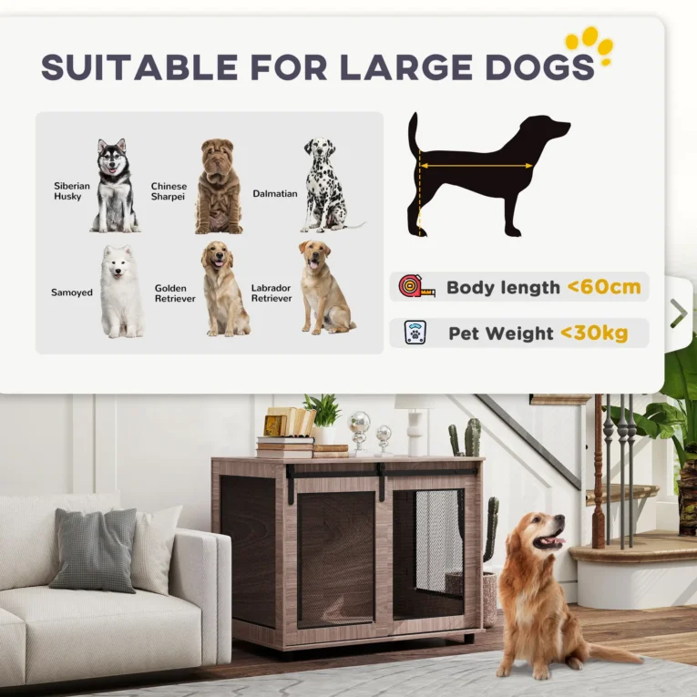 Large Dog Crate Furniture with Sliding Door – Walnut, 98cm