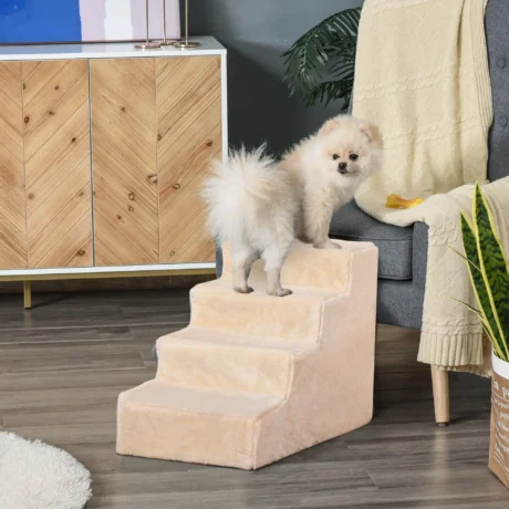 Four-Step Pet Stairs with Washable Cover – Beige, 44cm
