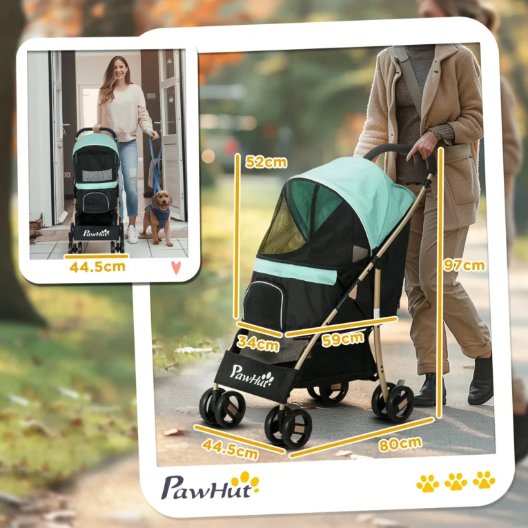 Folding Pet Stroller with Rain Cover – Green, 15kg