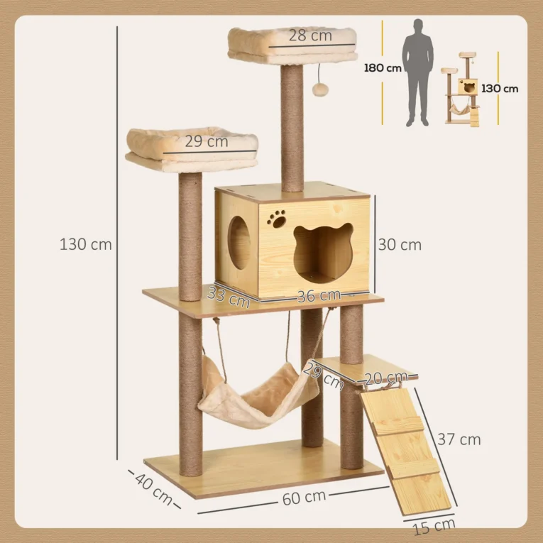 Cat Tower with Hammock and Ladder – Yellow, 130cm