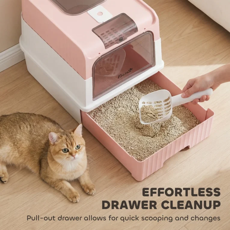 Enclosed Cat Litter Box with Drawer and Scoop – Pink, 48cm Enclosed Cat Litter Box with Drawer and Scoop – Pink, 48cm