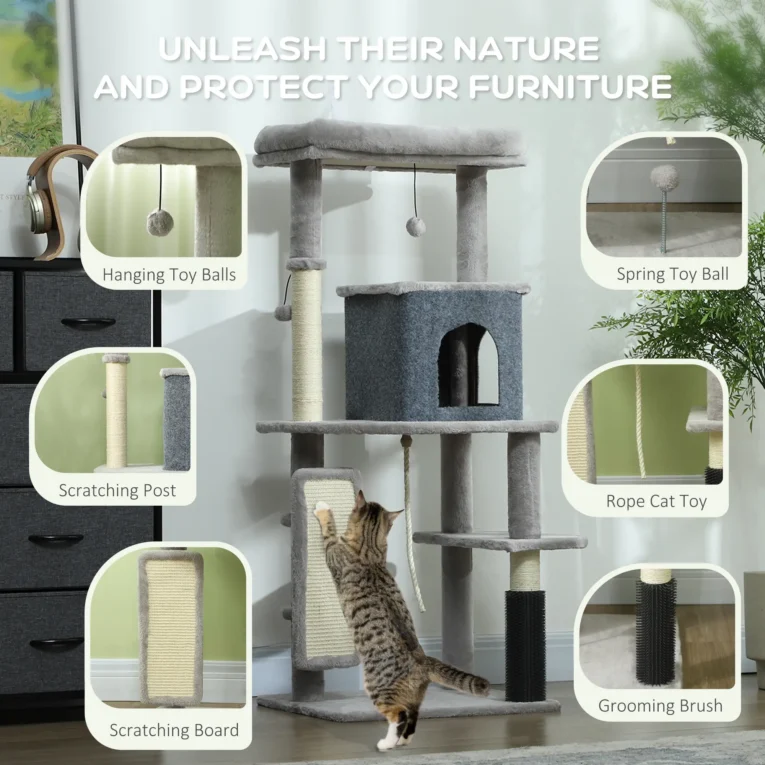 Cat Tower with Grooming Brush and Scratching Pad – Light Grey, 132cm