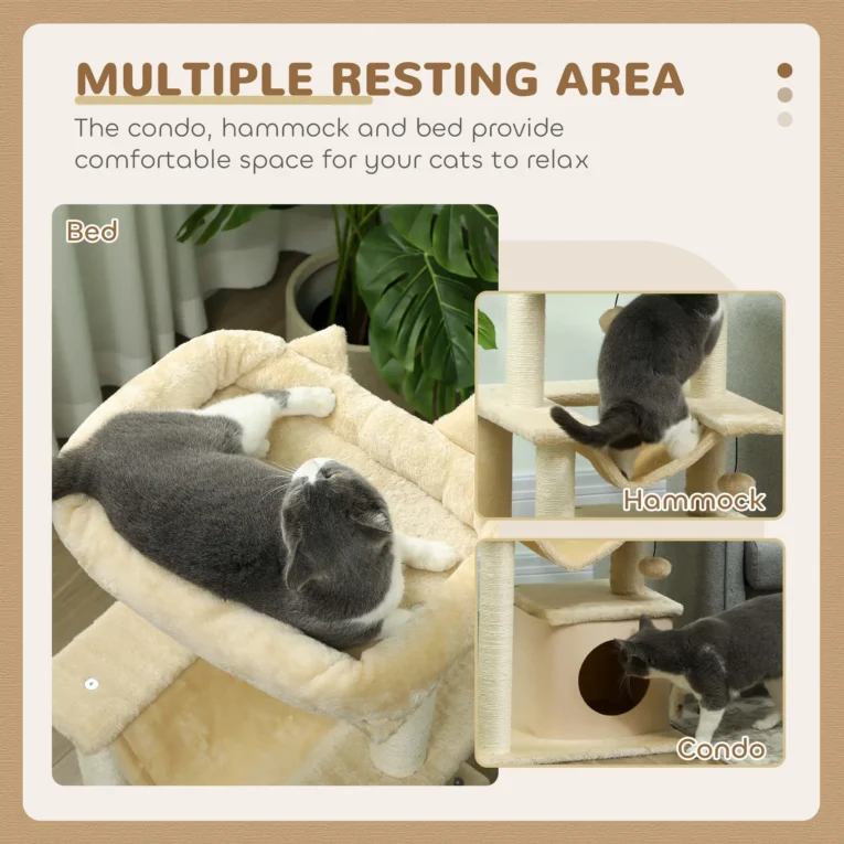 Cat Tower with Den, Hammock and Top Bed – Beige, 90cm Cat Tower with Den, Hammock and Top Bed – Beige, 90cm