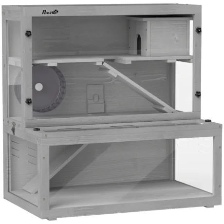 Three-Level Wooden Hamster Habitat with Wheel &ndash; Grey, 80cm
