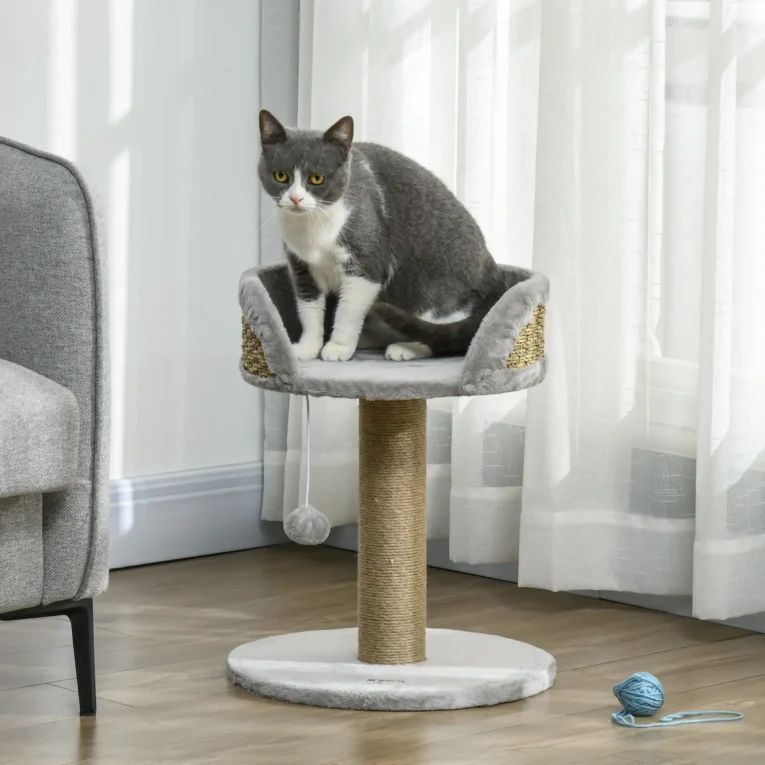 Cat Perch with Jute Scratching Post – Grey, 49cm Cat Perch with Jute Scratching Post – Grey, 49cm