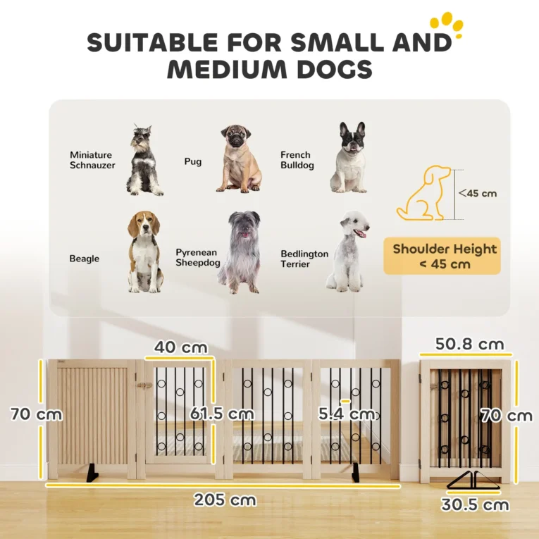 Four-Panel Folding Pet Gate with Door – Oak Tone, 70cm High