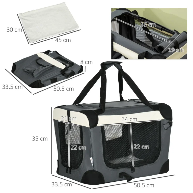 Folding Fabric Pet Carrier – Grey, 50.5 × 33.5 × 35cm