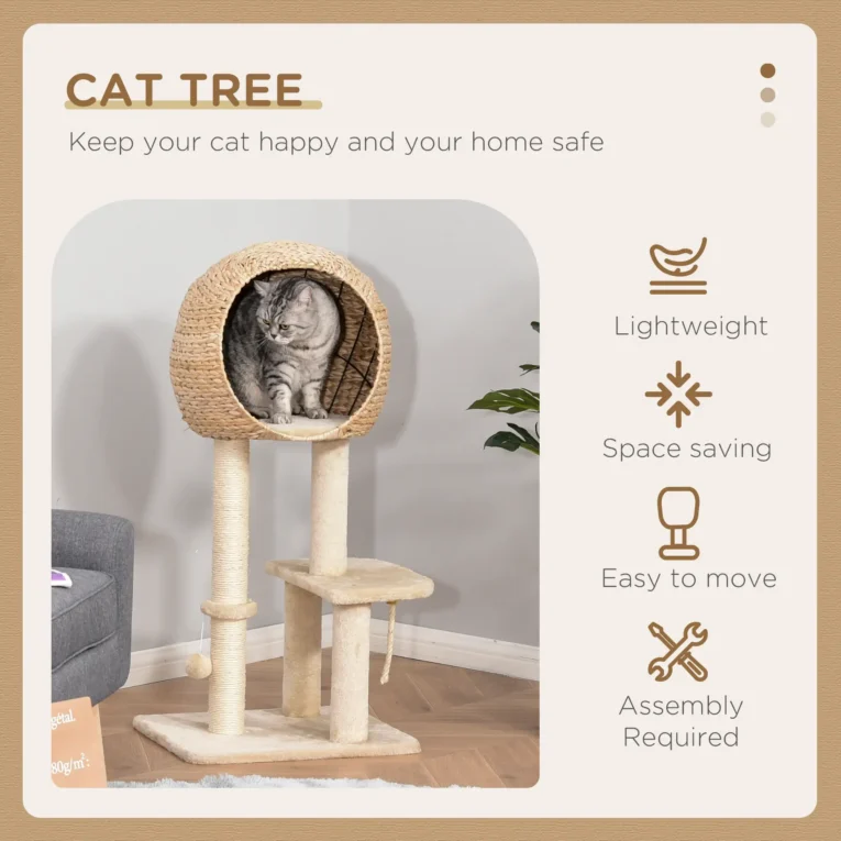 Cat Activity Tower with Enclosed Den and Play Toys – Beige, 100cm