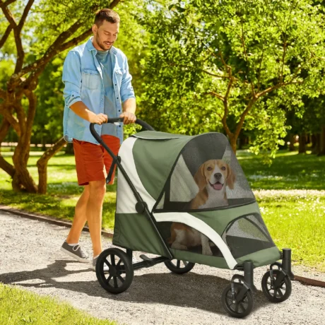 Large Folding Dog Stroller with Four Wheels – Dark Green, 25kg