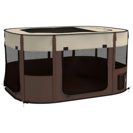 Folding Fabric Pet Playpen – Brown, 114cm