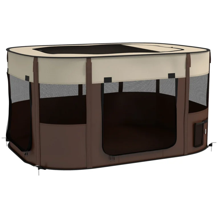 Folding Fabric Pet Playpen – Brown, 114cm