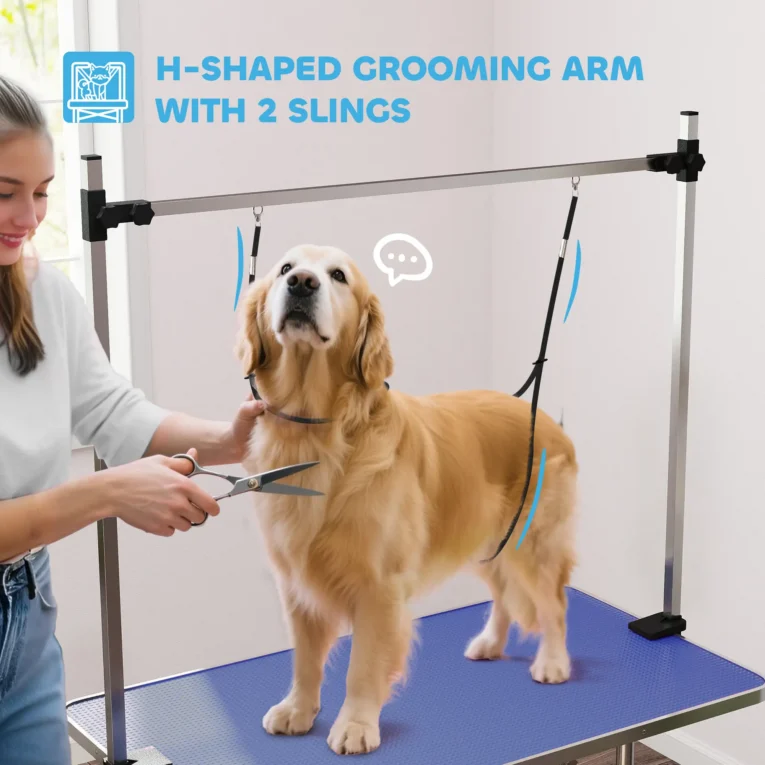 Folding Dog Grooming Table with Two Loops and Basket – Blue, 107cm