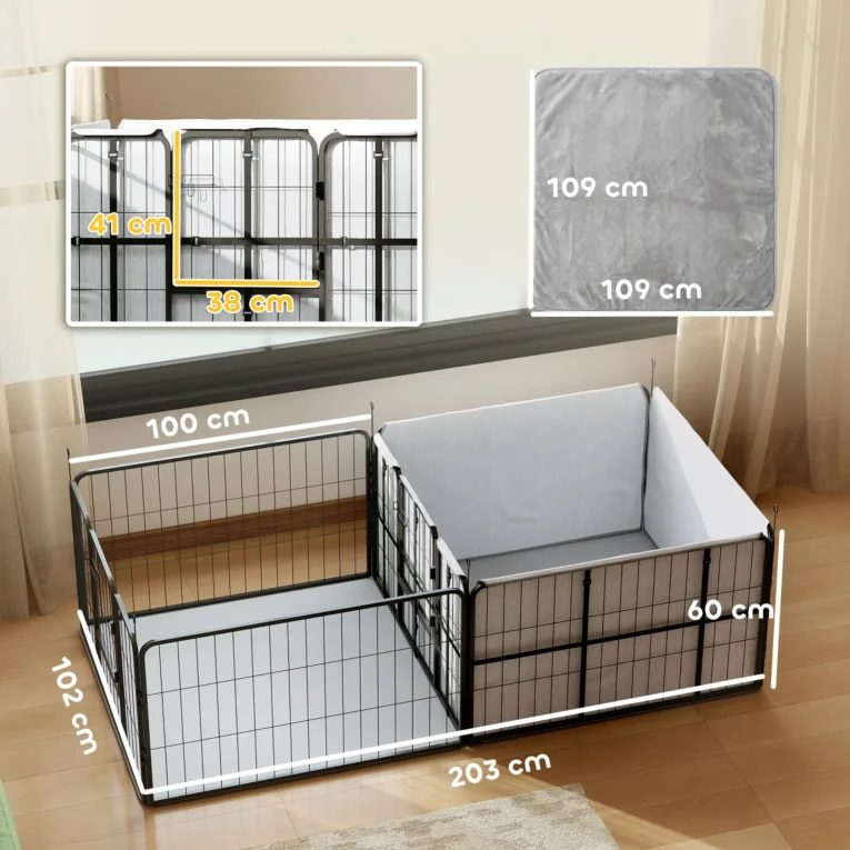 Seven-Panel Dog Whelping Pen with Fabric Liner and Two Pads – Black