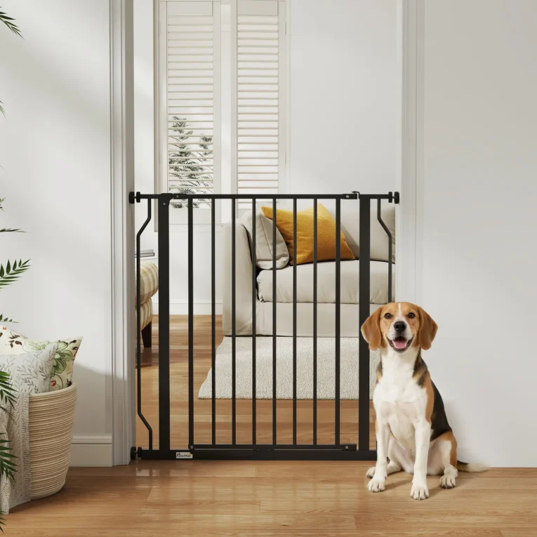 Extra Wide Dog Gate with Door for Stairways – Black
