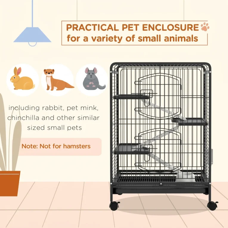 Four-Level Small Animal Cage with Wheels and Removable Tray – Black
