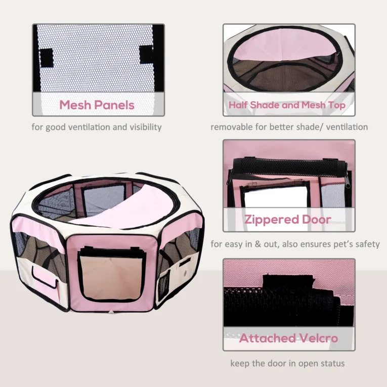 Portable Pet Playpen Dia 90x41cm Indoor Outdoor – Beige and Pink