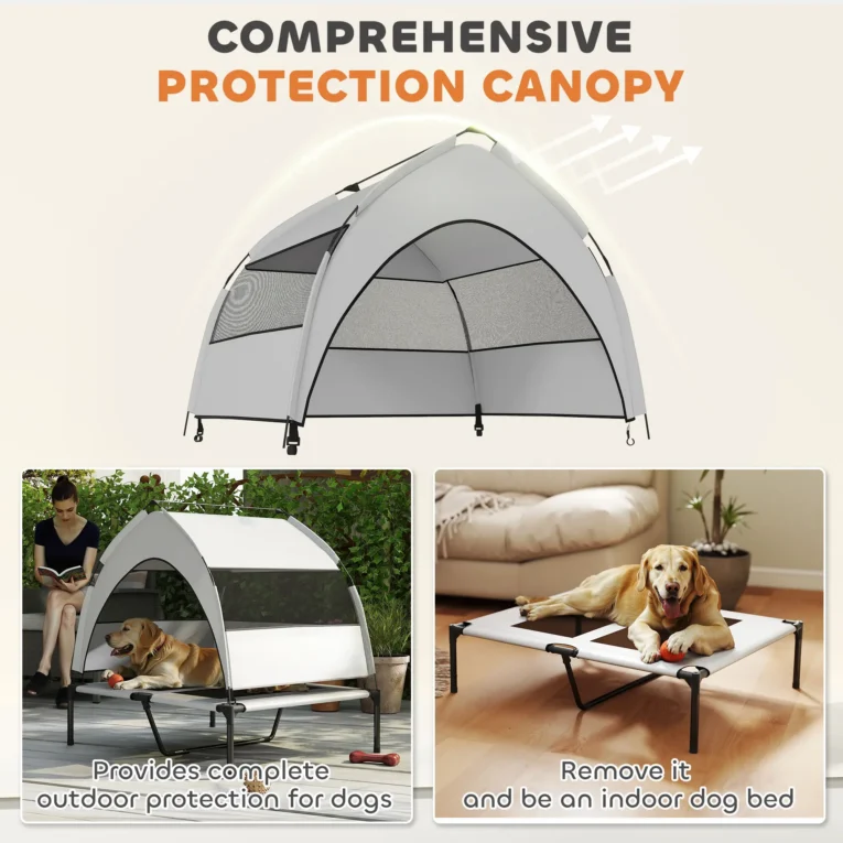 Raised Dog Cot with Removable Sun Canopy – Grey, 92cm Raised Dog Cot with Removable Sun Canopy – Grey, 92cm