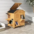 Two-Storey Wooden Cat House with Opening Roof – Natural