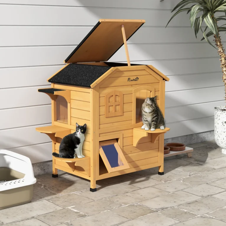 Two-Storey Wooden Cat House with Opening Roof – Natural