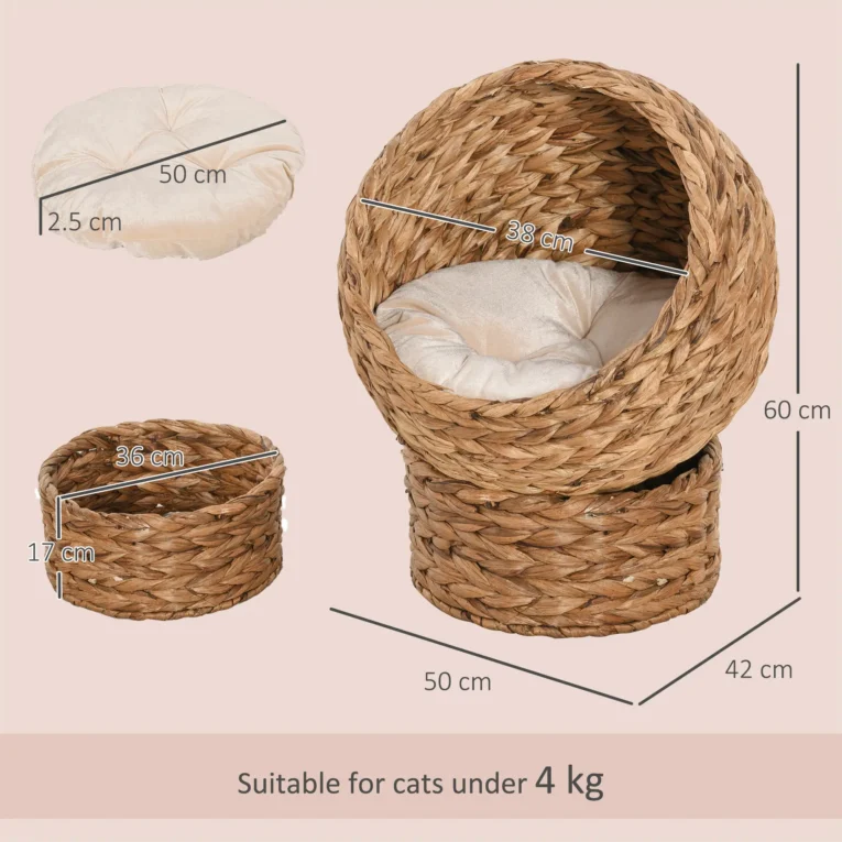 Raised Woven Cat Cave with Washable Cushion – Natural Brown