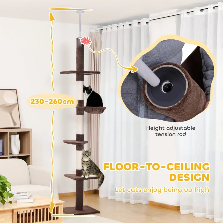 5-Tier Cat Tree Adjustable Height 230-260cm – Brown and white