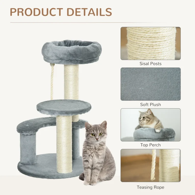 Compact Cat Tower with Sisal Posts and Hanging Rope – Grey, 65cm