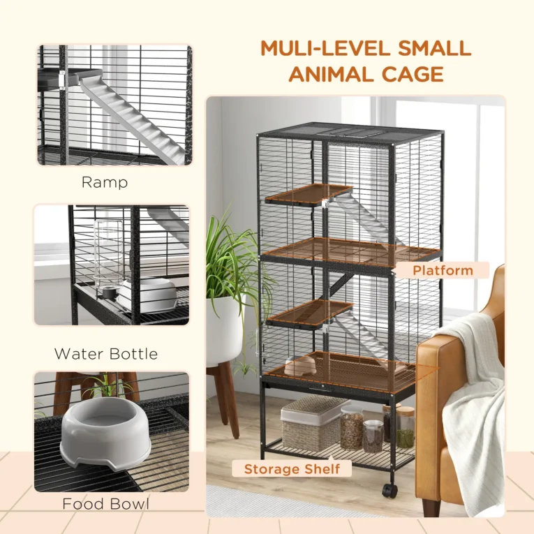 Four-Level Small-Animal Cage with Storage Shelf – Grey