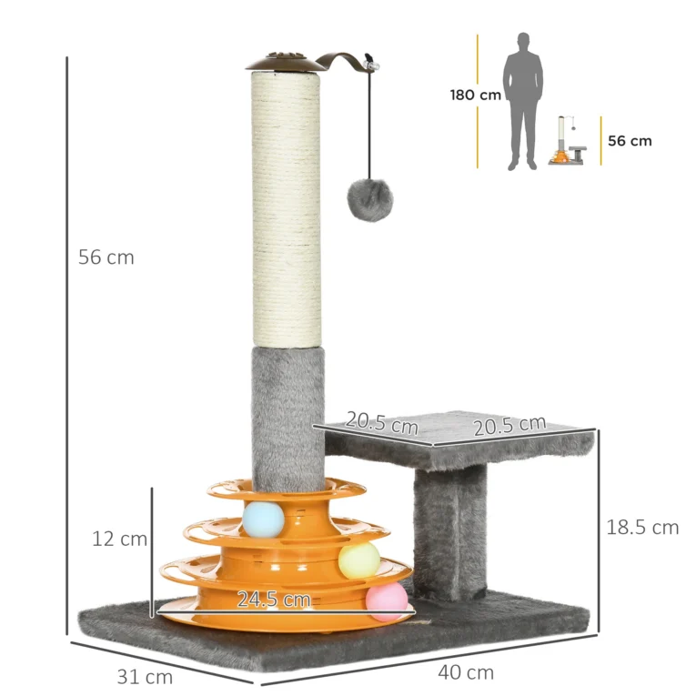 Compact Cat Activity Tower with Scratching Post – Grey, 56cm