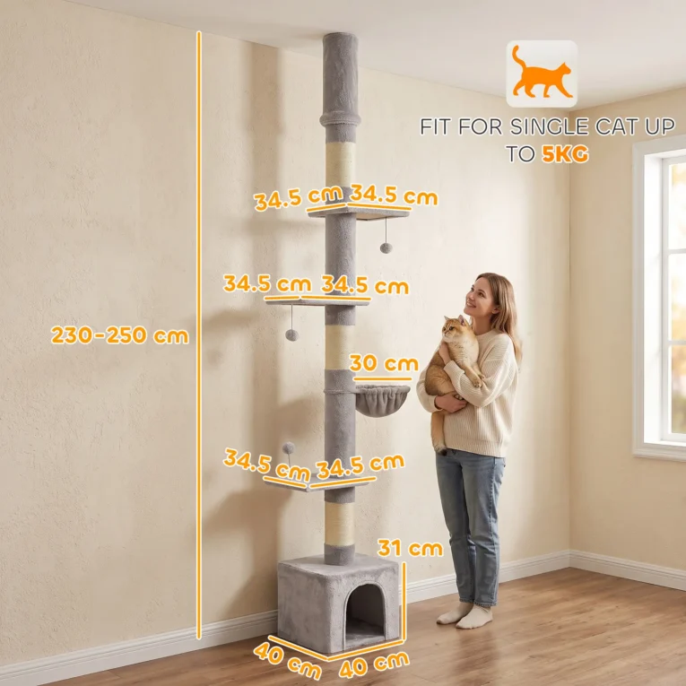 Adjustable Floor-to-Ceiling Cat Tower with Den – Light Grey, 230–250cm