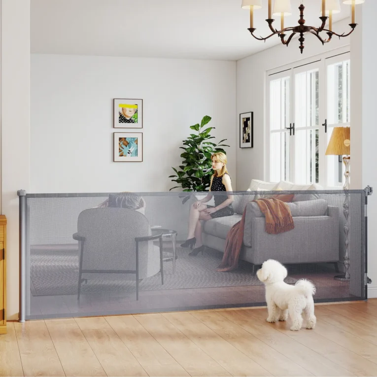 Wide Retractable Mesh Dog Gate – Grey, Extends to 300cm