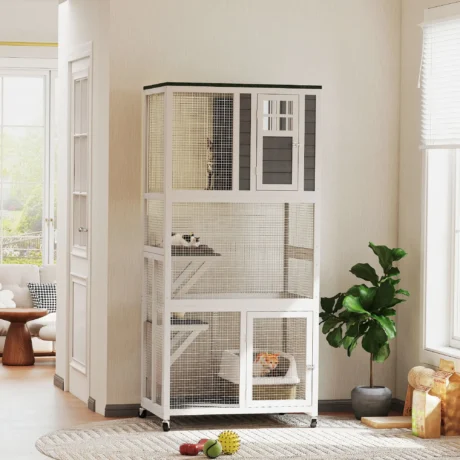 Tall Wheeled Cat Enclosure with Platforms – White and Grey