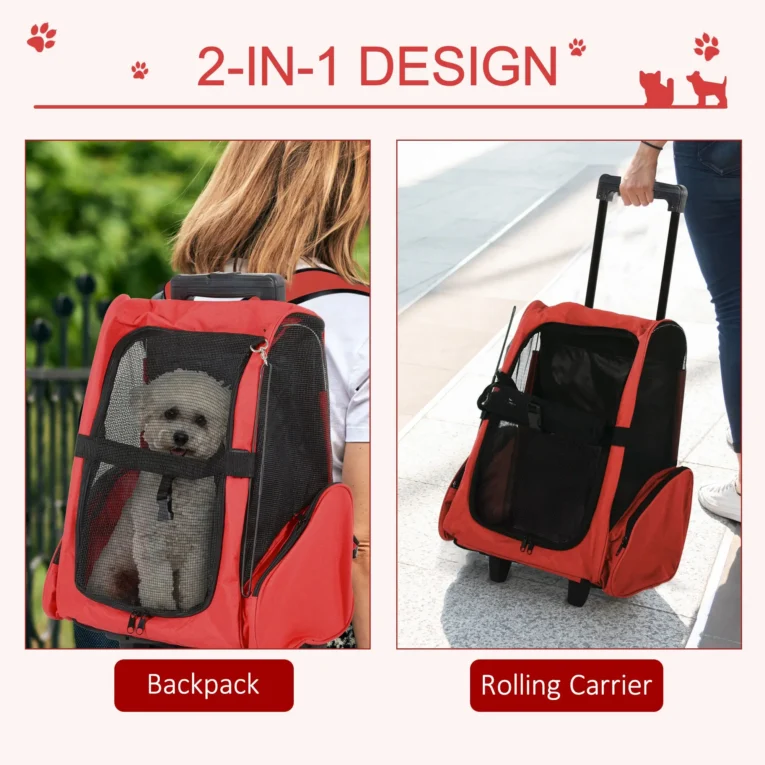 Pet Backpack and Wheeled Trolley Carrier – Red, Under 4kg