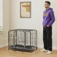 Steel Dog Crate with Feeding Door, Opening Top and Wheels – Black