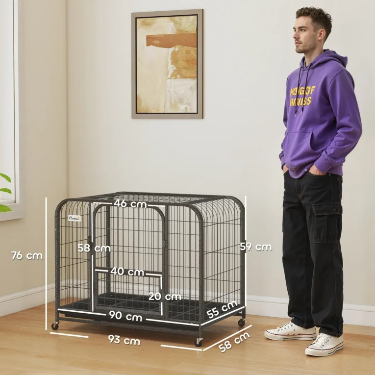 Steel Dog Crate with Feeding Door, Opening Top and Wheels – Black Steel Dog Crate with Feeding Door, Opening Top and Wheels – Black