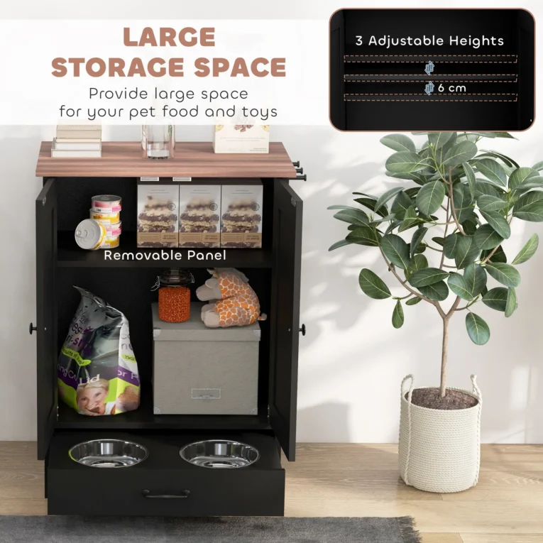 Dog Feeding Station with Storage Cabinet and Two Bowls – Black and Brown