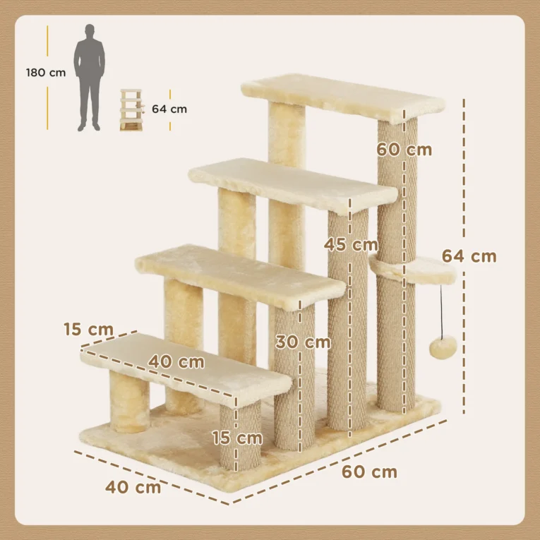 Four-Step Cat Stairs with Play Platform – Beige, 64cm