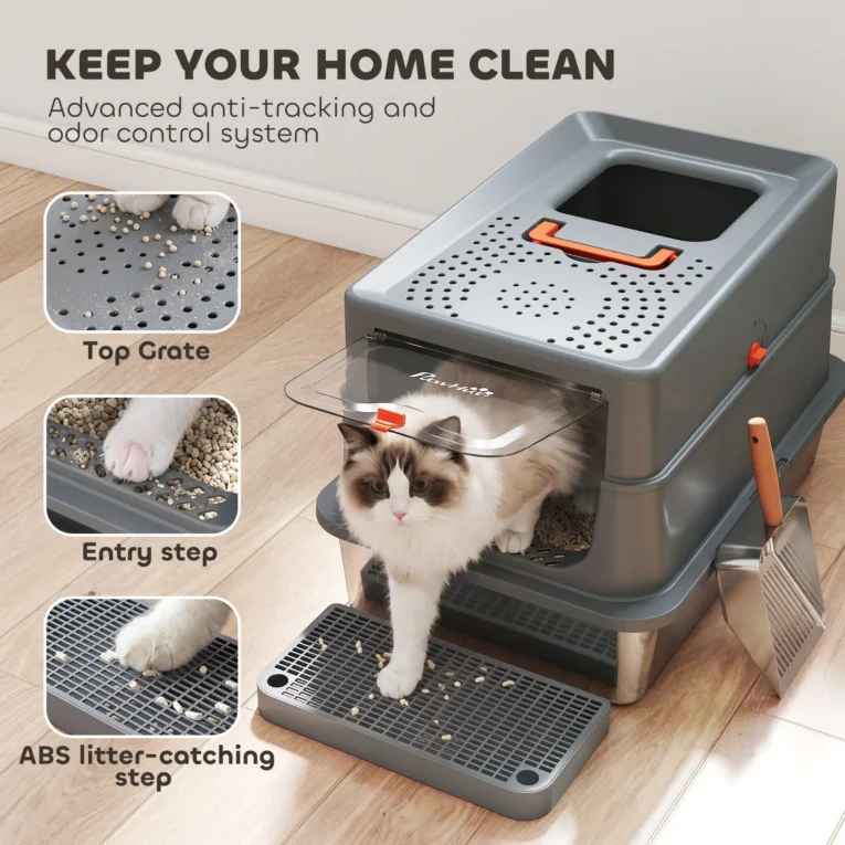 XL Covered Steel Cat Litter Box with Step – Dark Grey, 60cm XL Covered Steel Cat Litter Box with Step – Dark Grey, 60cm