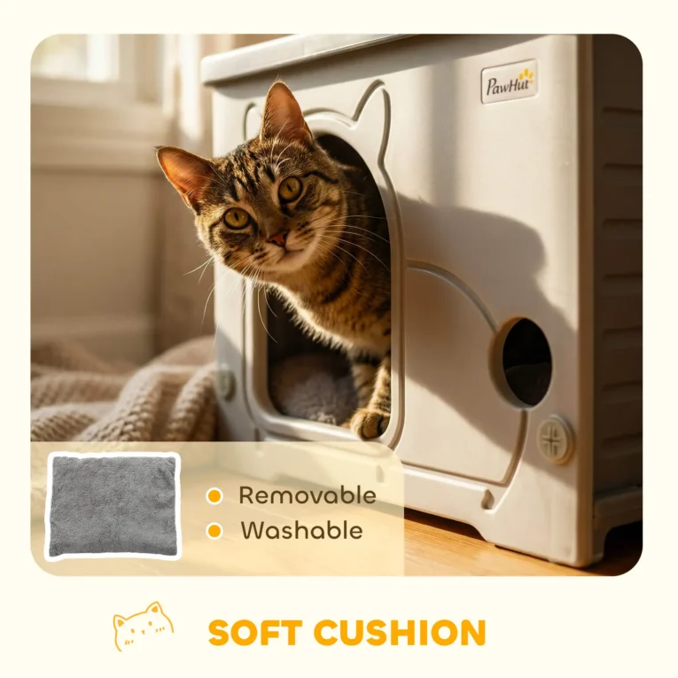Stackable Plastic Cat House with Removable Cushion – Grey, 53.5cm Stackable Plastic Cat House with Removable Cushion – Grey, 53.5cm