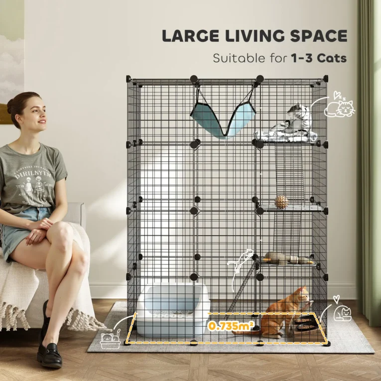 Four-Level Modular Indoor Cat Enclosure with Hammock – Black