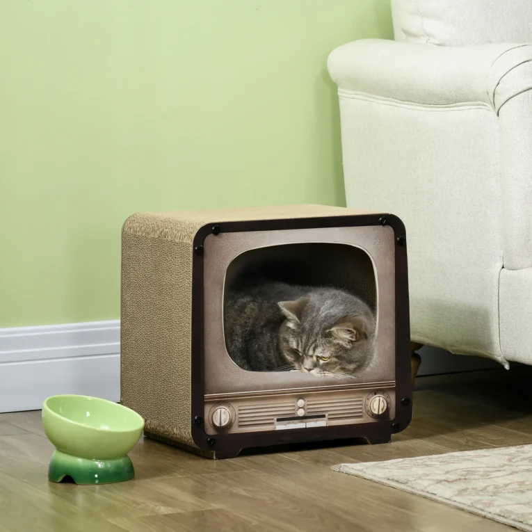 Television-Style Cardboard Cat House with Scratcher – Brown