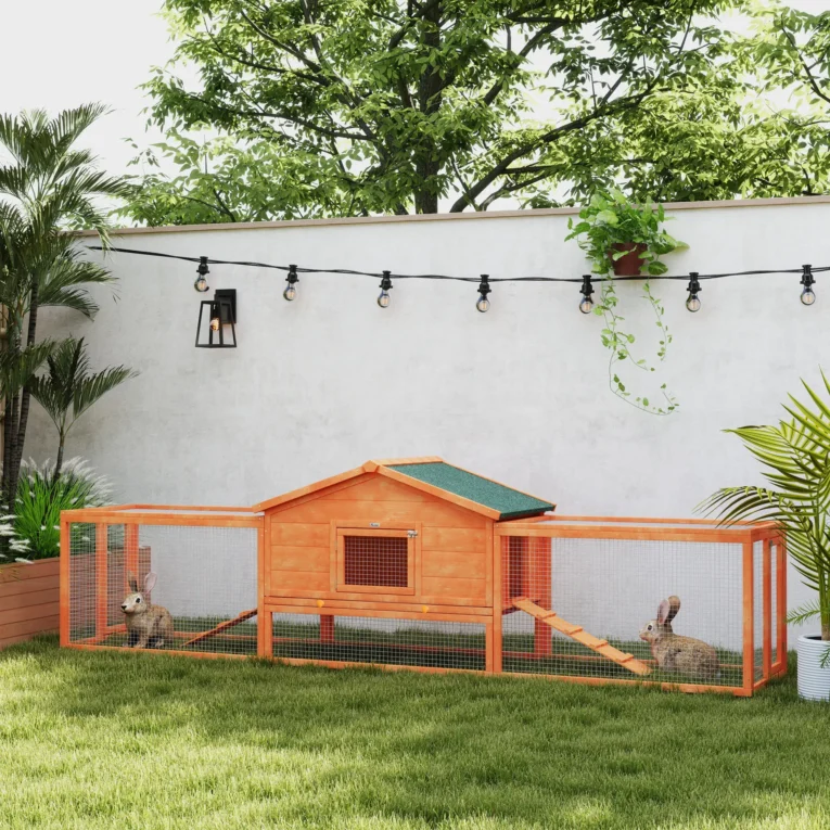 Wooden Rabbit Hutch with Twin Side Runs and Tray – Orange, 309cm Wooden Rabbit Hutch with Twin Side Runs and Tray – Orange, 309cm