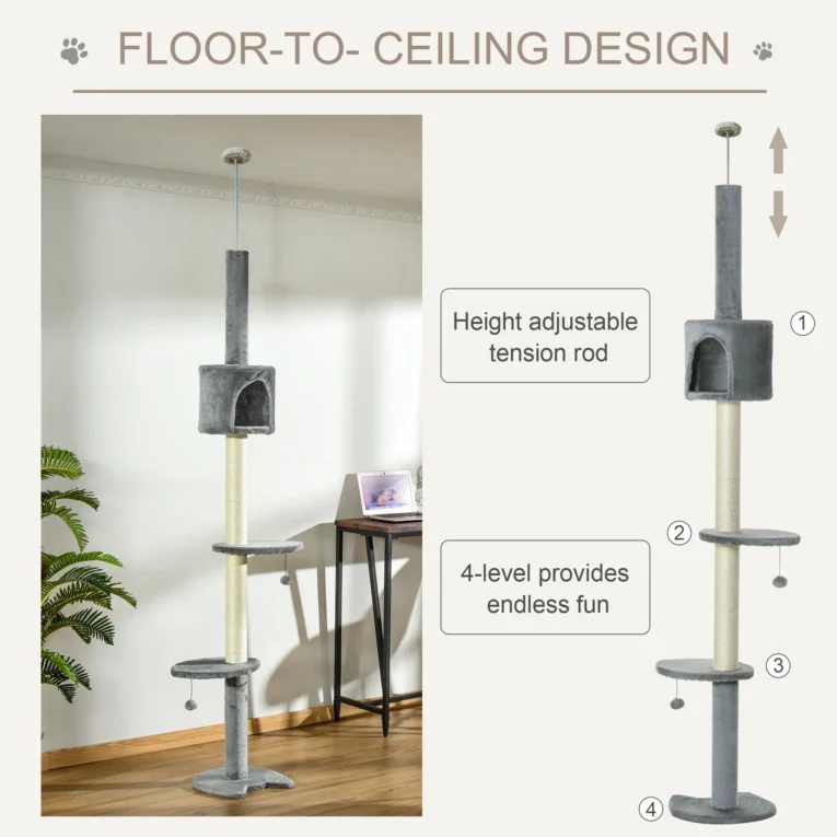 Ceiling-Fit Cat Tower with Den and Toy Balls – Light Grey, 225–255cm Ceiling-Fit Cat Tower with Den and Toy Balls – Light Grey, 225–255cm