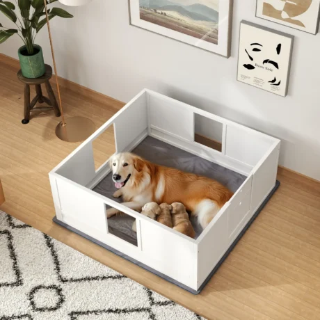 Wooden Dog Whelping Box with Acrylic Panels and Pad – White, 124cm