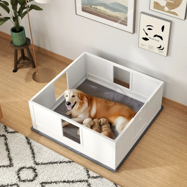 Wooden Dog Whelping Box with Acrylic Panels and Pad – White, 124cm