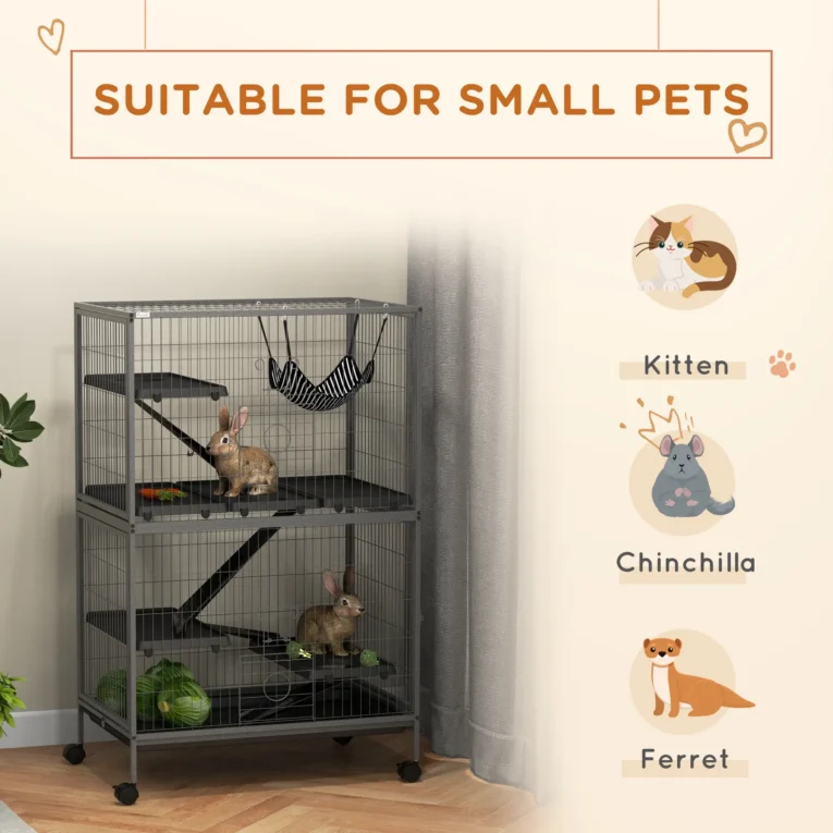 Multi-Level Small Animal Cage with Hammock and Wheels – Grey