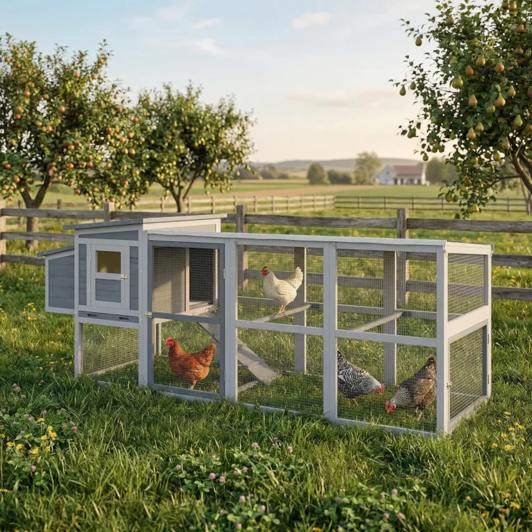 Wooden Chicken Coop with Covered Run and Nest Box – Grey, 264cm Wooden Chicken Coop with Covered Run and Nest Box – Grey, 264cm