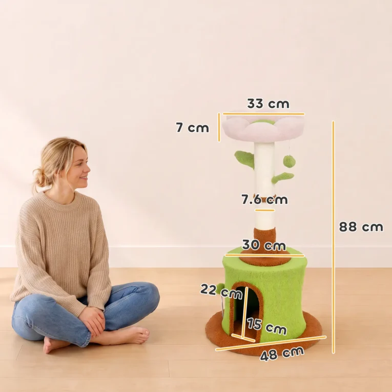 88cm Flower Cat Tree with Condo and Plush Bed – Green and Pink