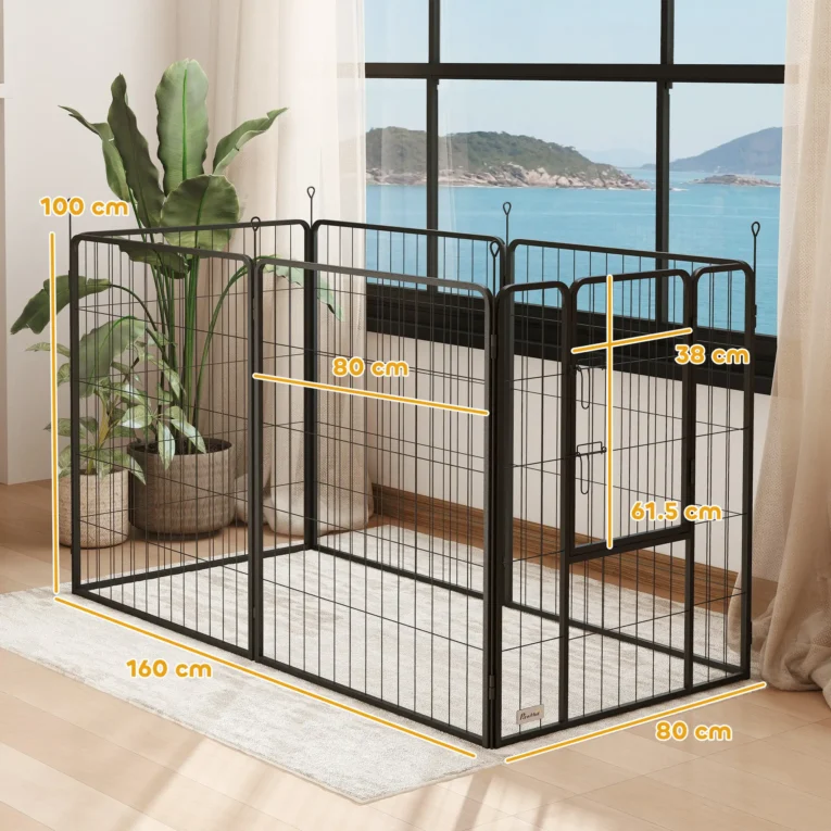 Six-Panel Steel Dog Playpen with Gate – Black, 100cm High