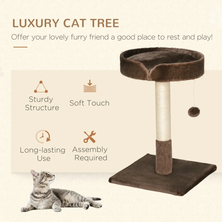 70cm Cat Tree with Cushioned Bed and Sisal Post – Brown